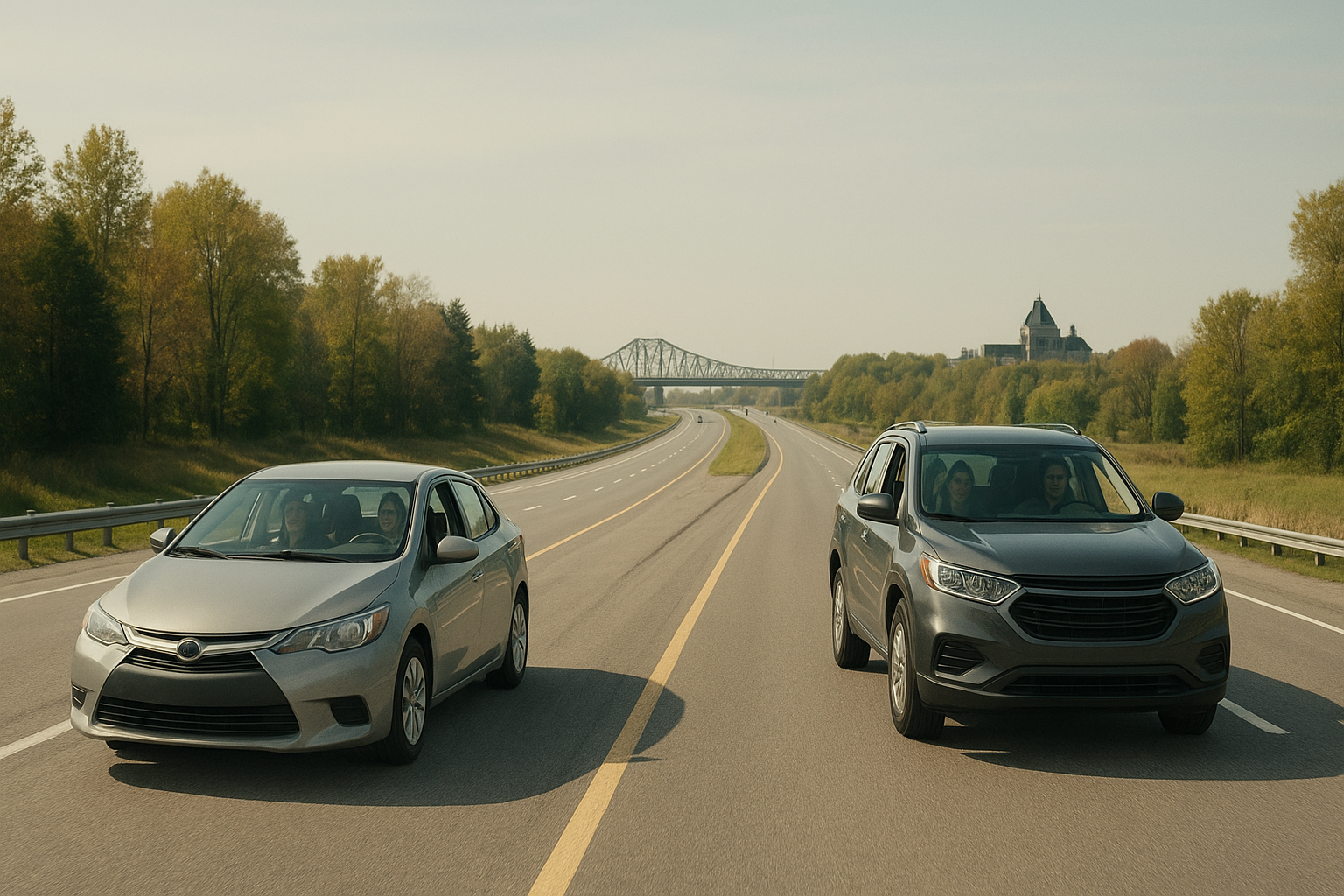 Deux voitures qui roulent ensemble sur l'autoroute 20, par une journée ordinaire, dans le corridor Montréal-Québec.