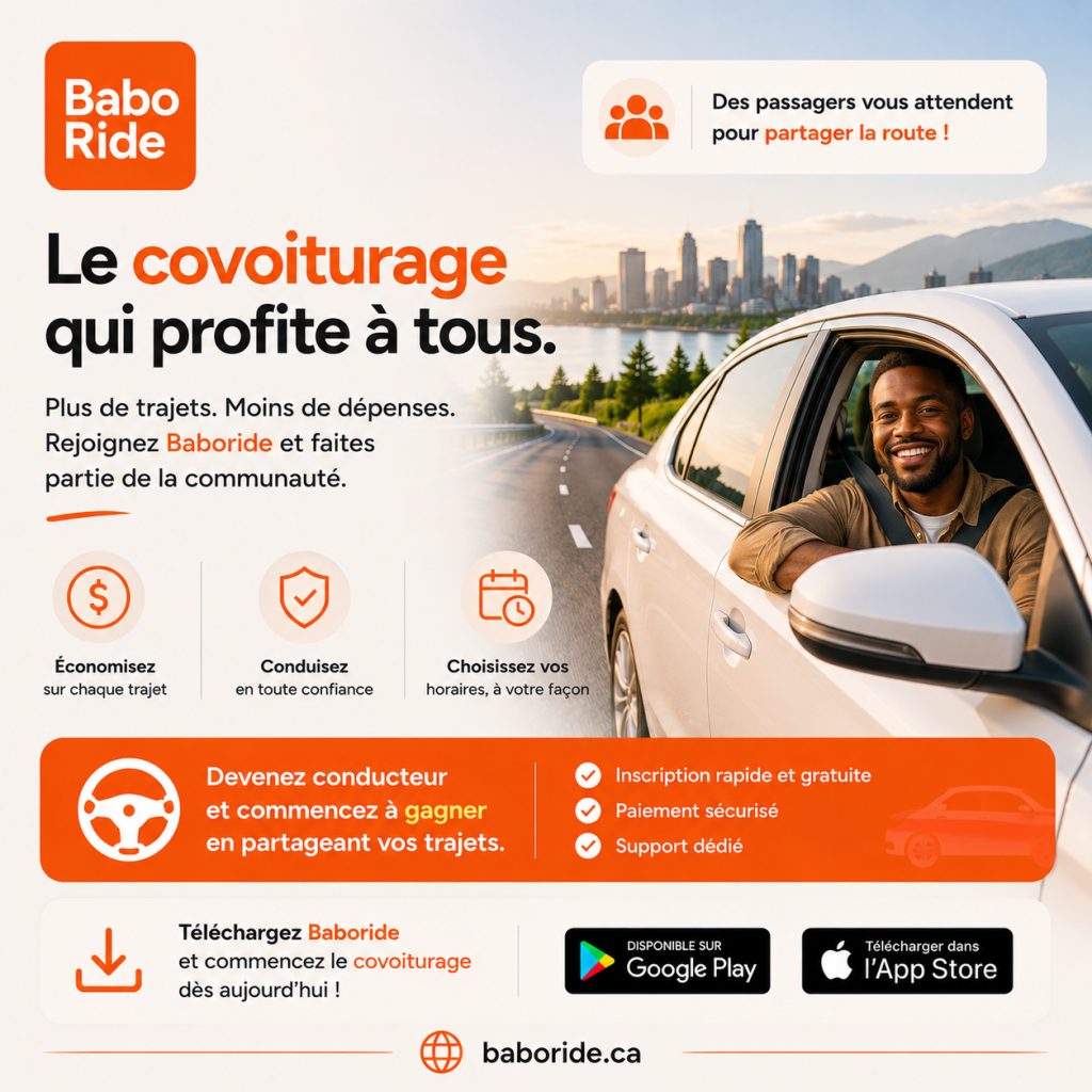 Conducteur souriant à la fenêtre d'une voiture blanche sur une route, avec une ville et des montagnes en arrière-plan.