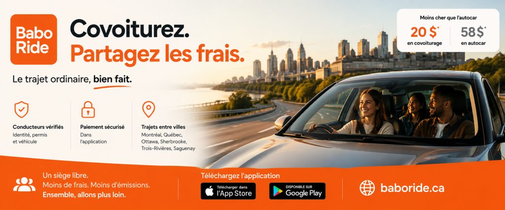 Voiture avec quatre passagers sur une route, skyline urbain en arrière-plan, affiche promotionnelle de covoiturage.