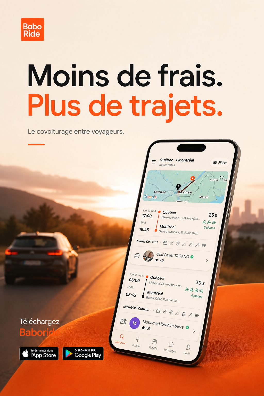 Un téléphone affiche l'application Baboride avec des trajets Québec-Montréal, posé sur un fond orange avec une voiture sur une route au coucher du soleil.