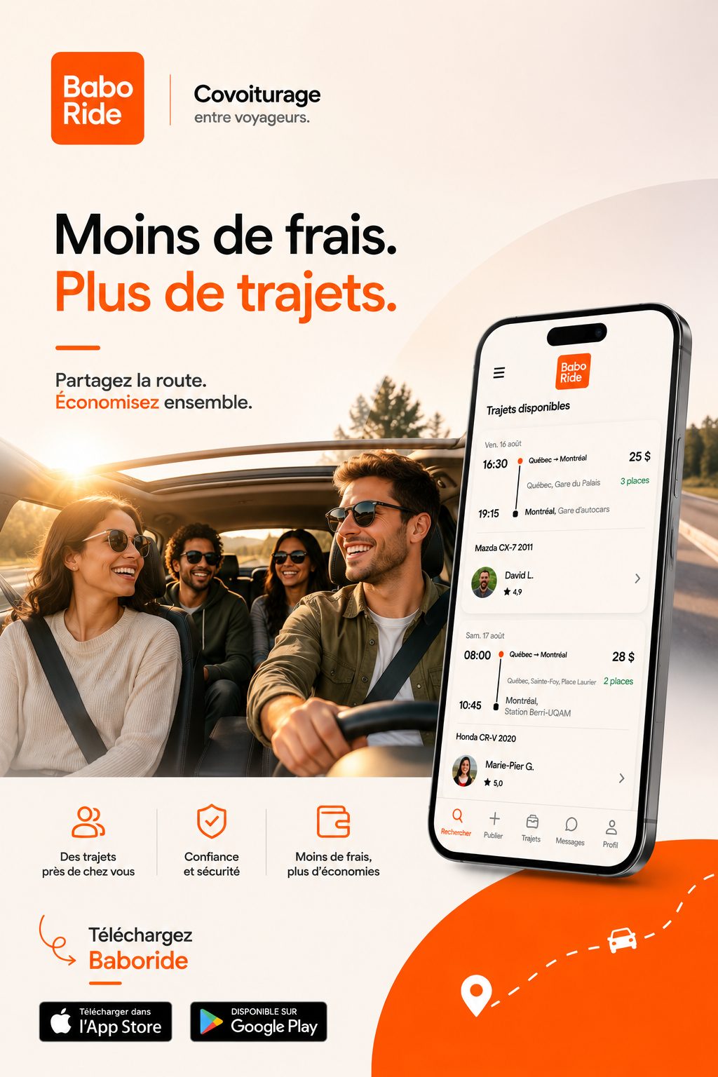 Quatre passagers souriants dans une voiture décapotable au coucher de soleil, avec un téléphone affichant l'application Baboride à côté.