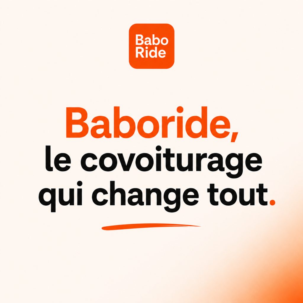 Logo Baboride en carré orange avec texte blanc, suivi du slogan « Baboride, le covoiturage qui change tout » sur fond dégradé beige à orange.