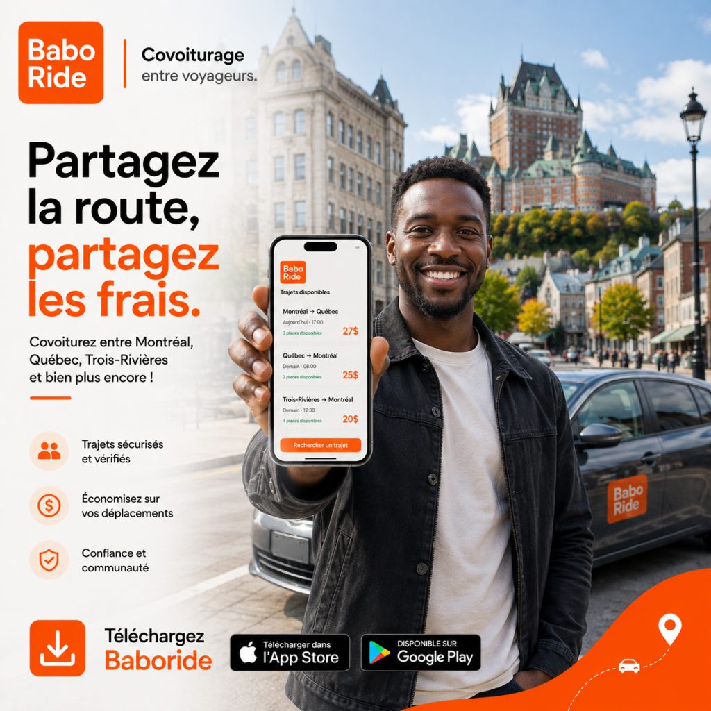 Homme souriant tenant un téléphone affichant l'application Baboride, devant des bâtiments historiques et une automobile.