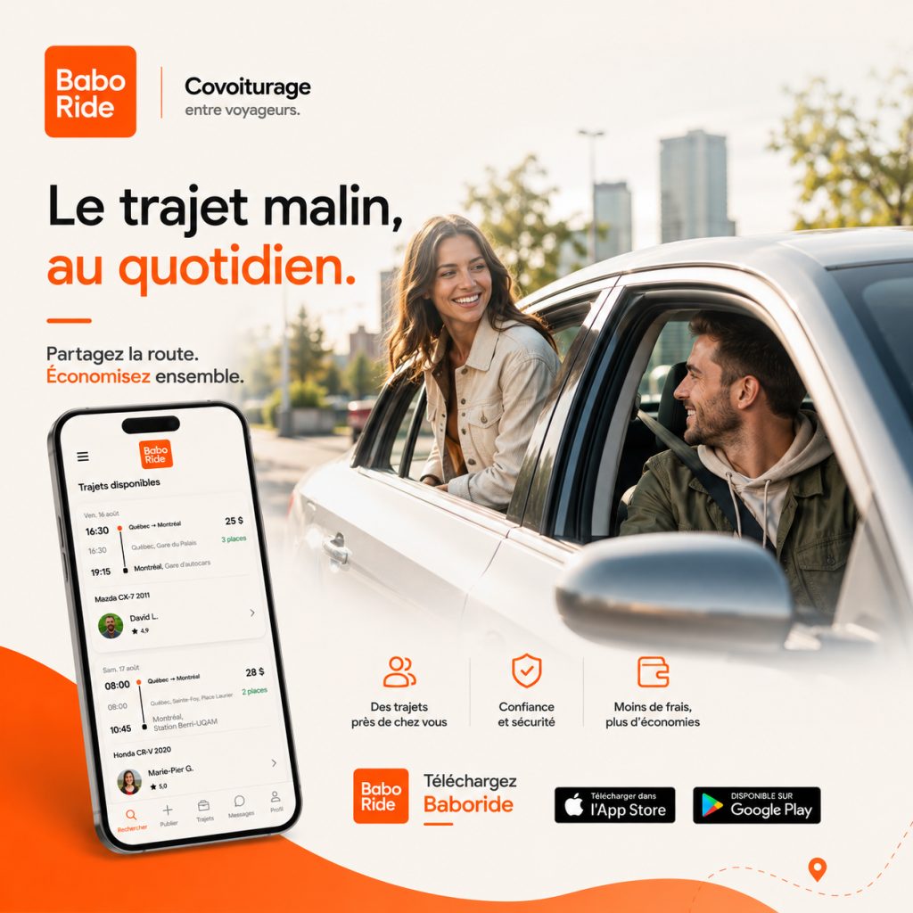 Une femme et un homme souriants dans une voiture blanche avec la ville en arrière-plan et l'interface de l'application Baboride affichée sur un téléphone.