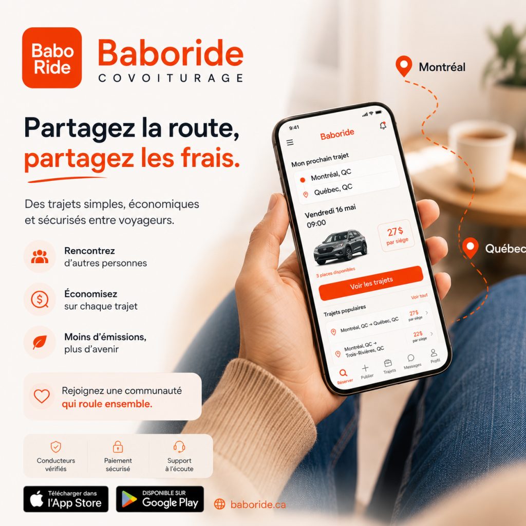 Une main tient un téléphone affichant l'application Baboride avec un trajet Montréal-Québec à 27$ par siège, sur fond de table avec tasse de café.