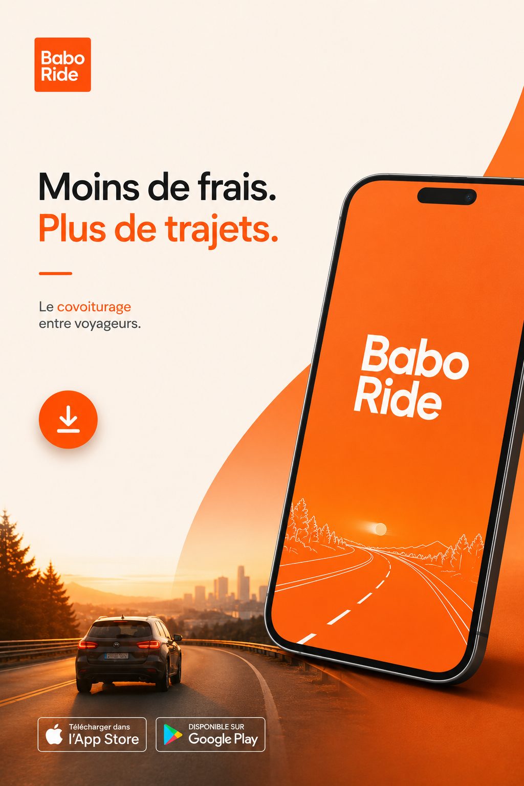 Un téléphone intelligent affiche l'interface de l'application BaboRide sur un fond routier avec voiture et ville au coucher de soleil.