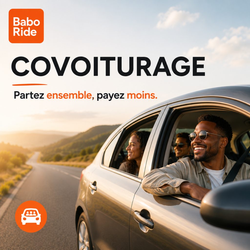 Une voiture blanche roule sur une route de campagne avec trois passagers souriants regardant par les fenêtres ouvertes vers le paysage verdoyant.