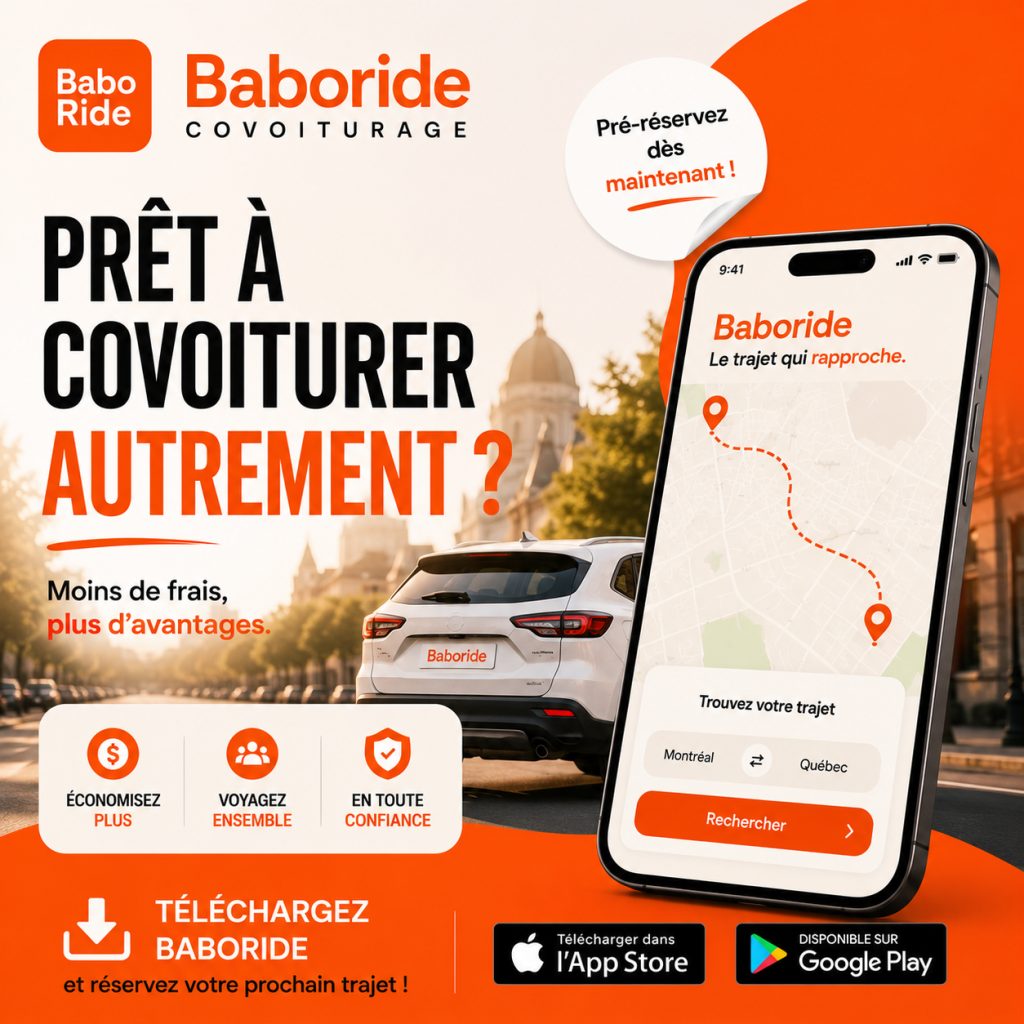 Affiche promotionnelle Baboride montrant un téléphone avec l'application, une voiture blanche et un édifice en arrière-plan.