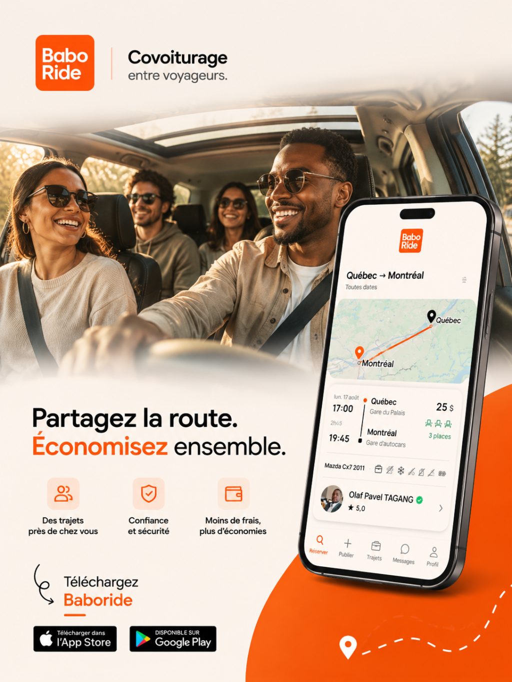 Quatre passagers souriants dans un véhicule avec toit panoramique, à côté d'un téléphone affichant l'application Baboride avec un trajet Québec-Montréal.
