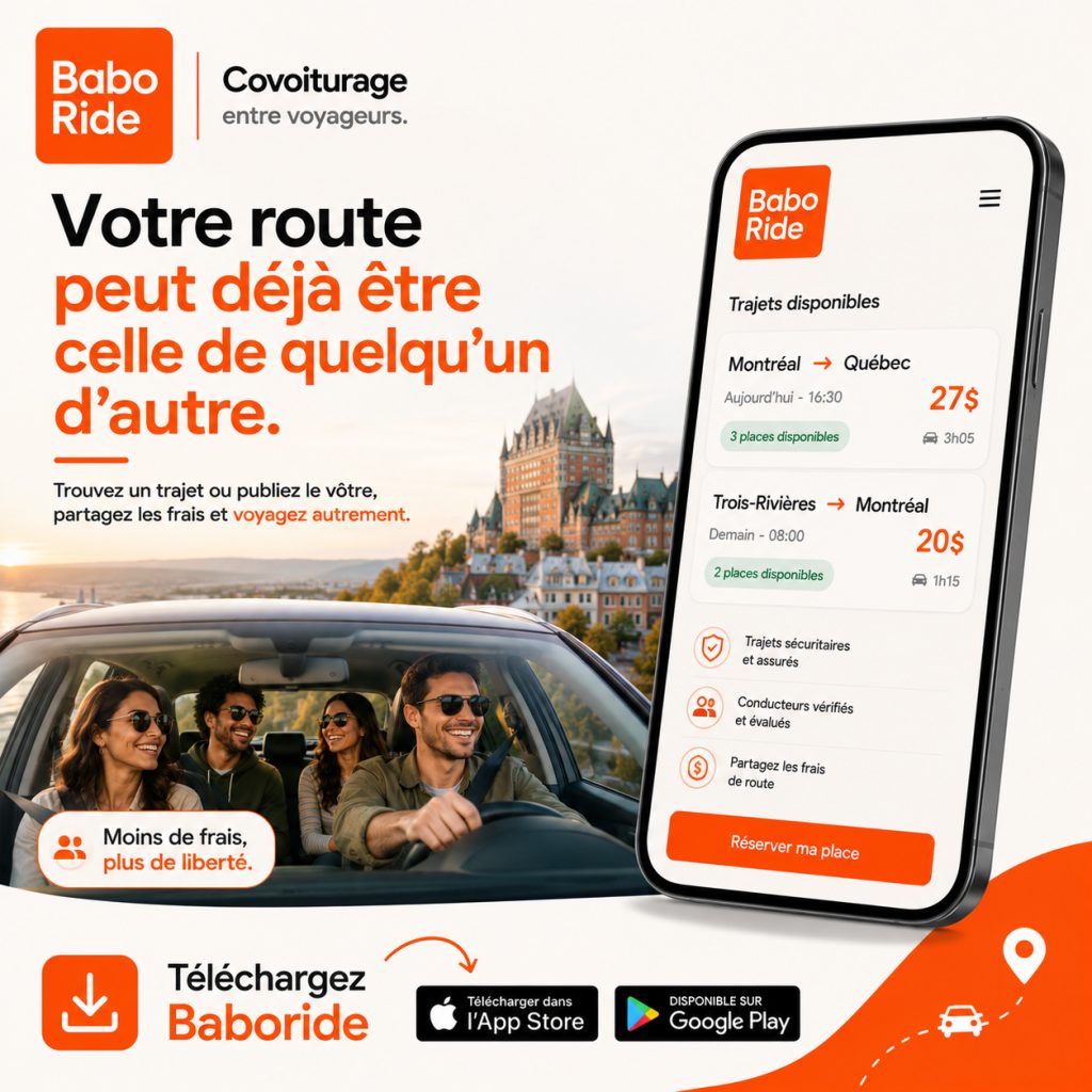 Affiche Baboride montrant quatre personnes souriantes dans une voiture avec château en arrière-plan et interface mobile de l'application.