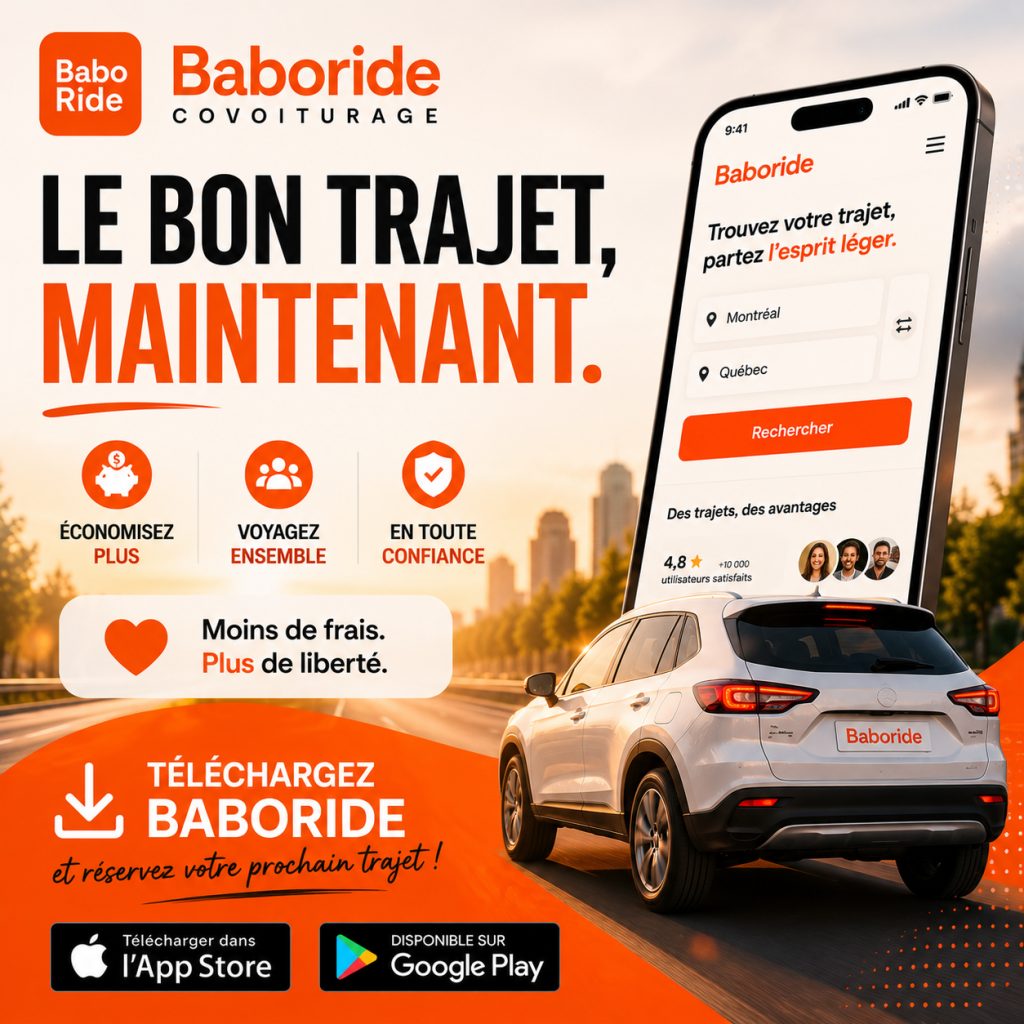 Affiche promotionnelle Baboride montrant un téléphone et une voiture blanche sur une route au coucher de soleil