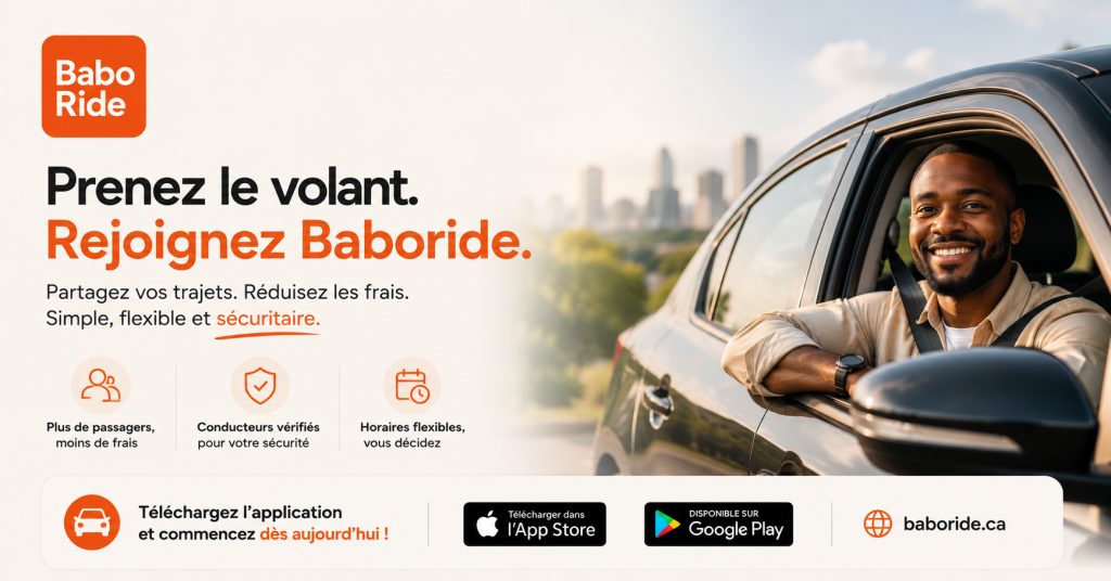 Conducteur souriant au volant d'une voiture avec skyline de ville en arrière-plan