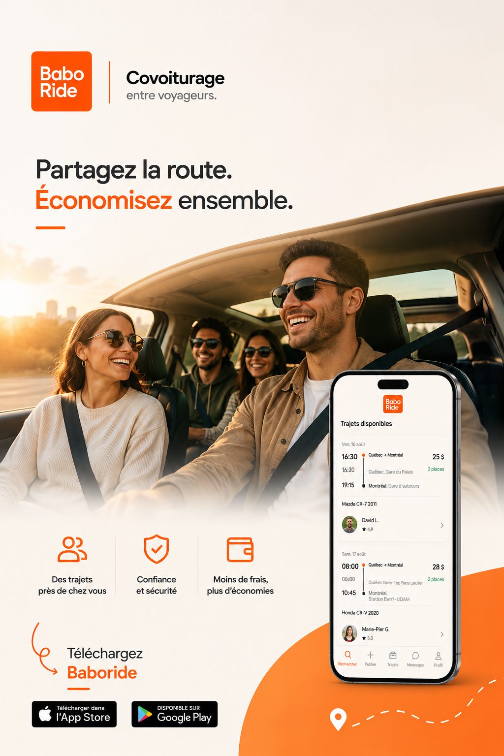 Quatre personnes souriantes dans une voiture avec le soleil couchant, à côté d'un téléphone affichant l'appli Baboride avec trajets disponibles.