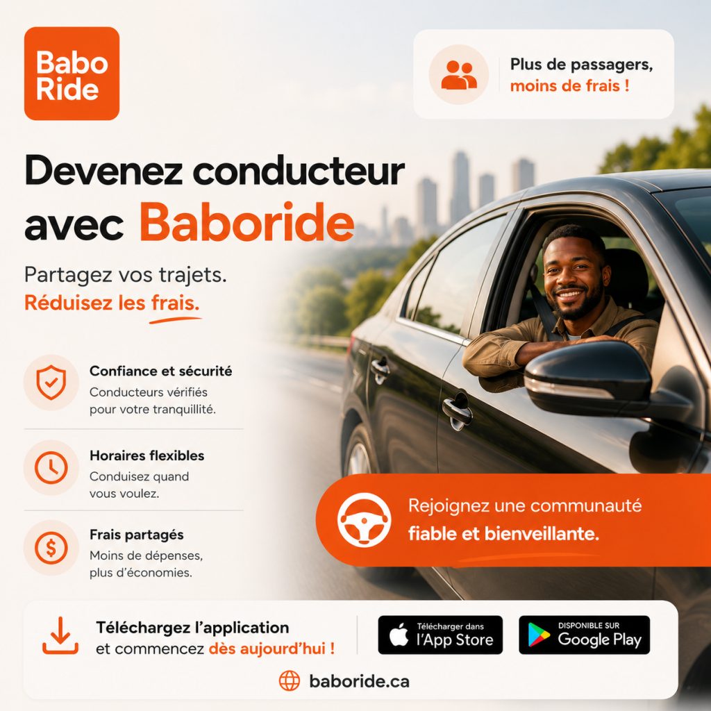 Un conducteur souriant au volant d'une voiture, skyline de ville en arrière-plan, publicité Baboride pour le covoiturage.