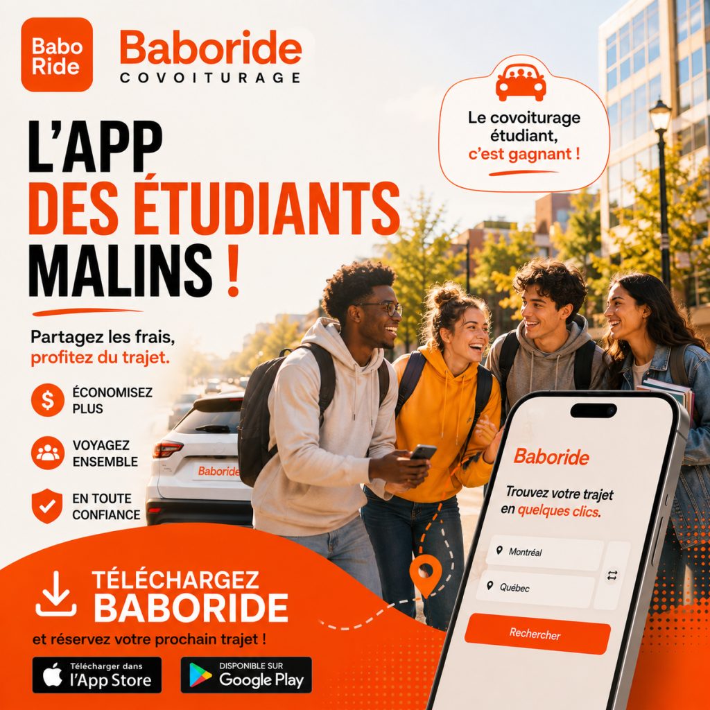 Quatre étudiants souriants devant des voitures dans une rue urbaine, tenant un téléphone affichant l'application Baboride.