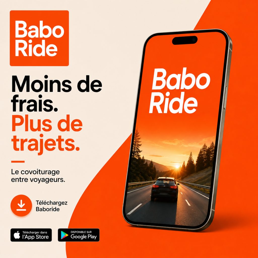 Téléphone affichant l'application BaboRide avec une route au coucher de soleil et des arbres sur l'écran