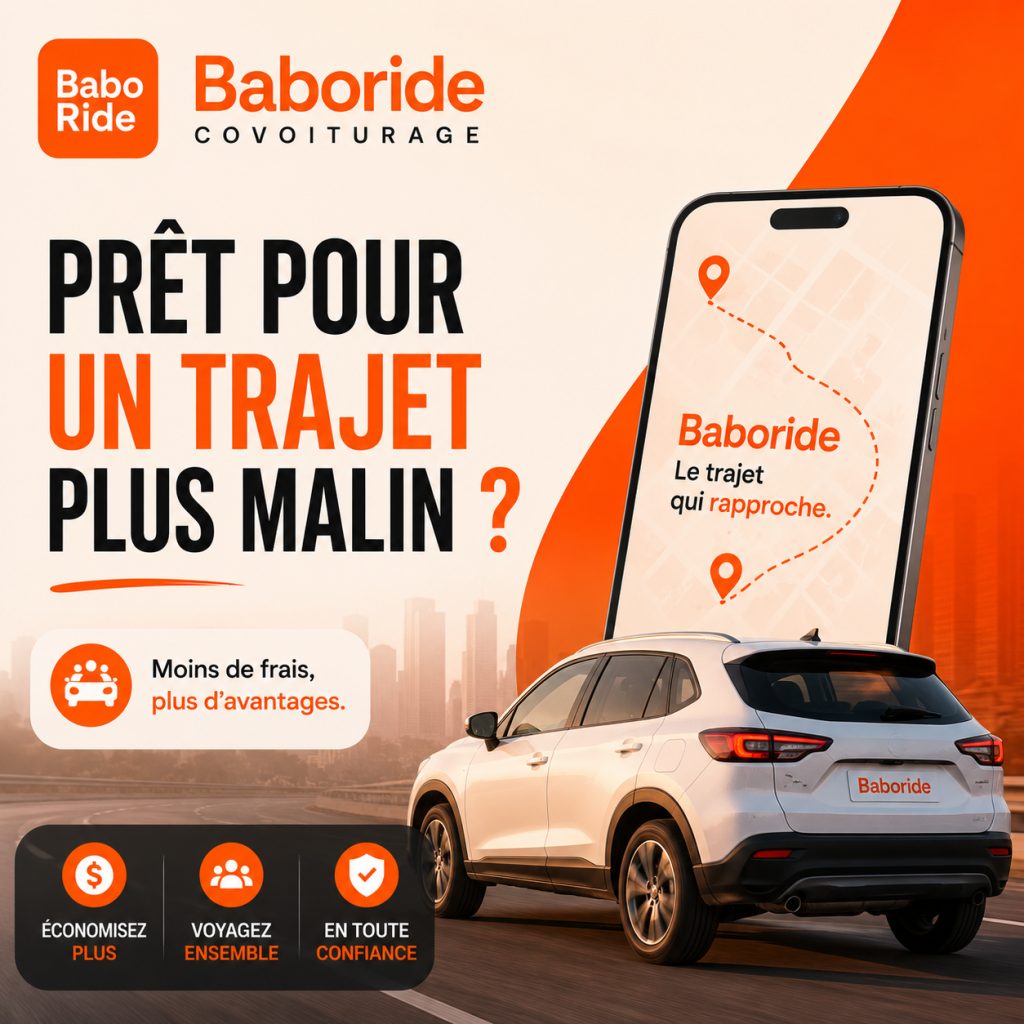 Un véhicule blanc Baboride sur une route avec un téléphone affichant l'application de covoiturage et un paysage urbain en arrière-plan.