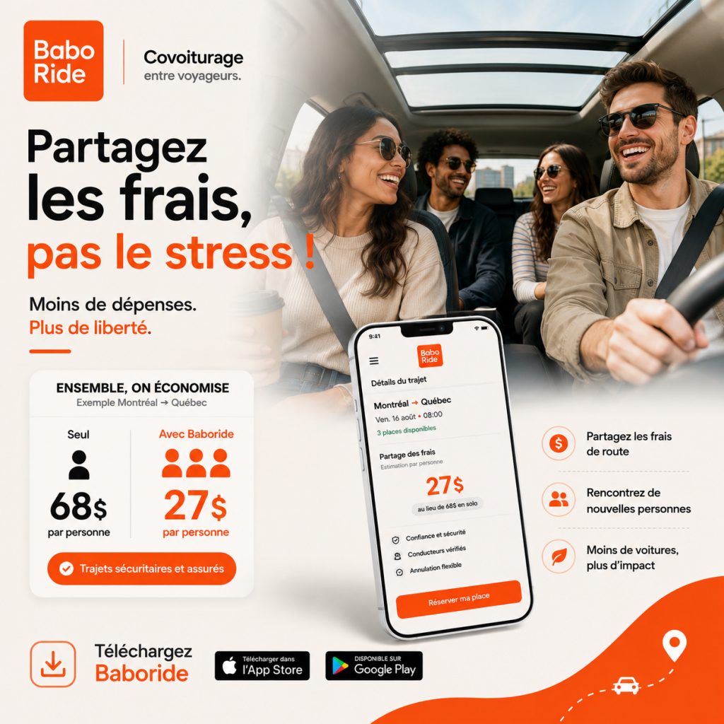 Quatre passagers souriants dans une voiture avec toit panoramique, le conducteur tenant le volant. Un téléphone affiche l'application Baboride.