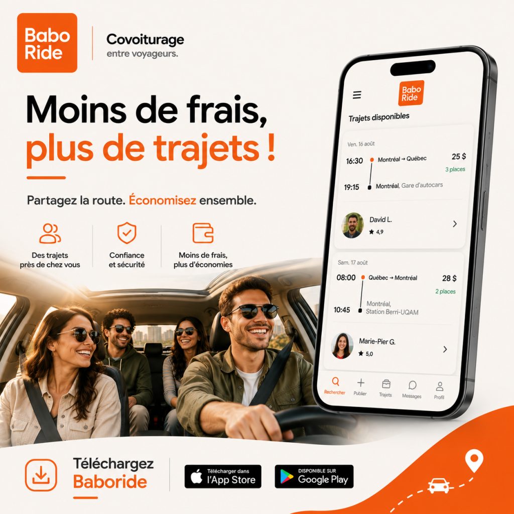 Quatre personnes souriantes dans une voiture affichent l'application Baboride avec ses trajets disponibles de covoiturage entre Montréal et Québec.