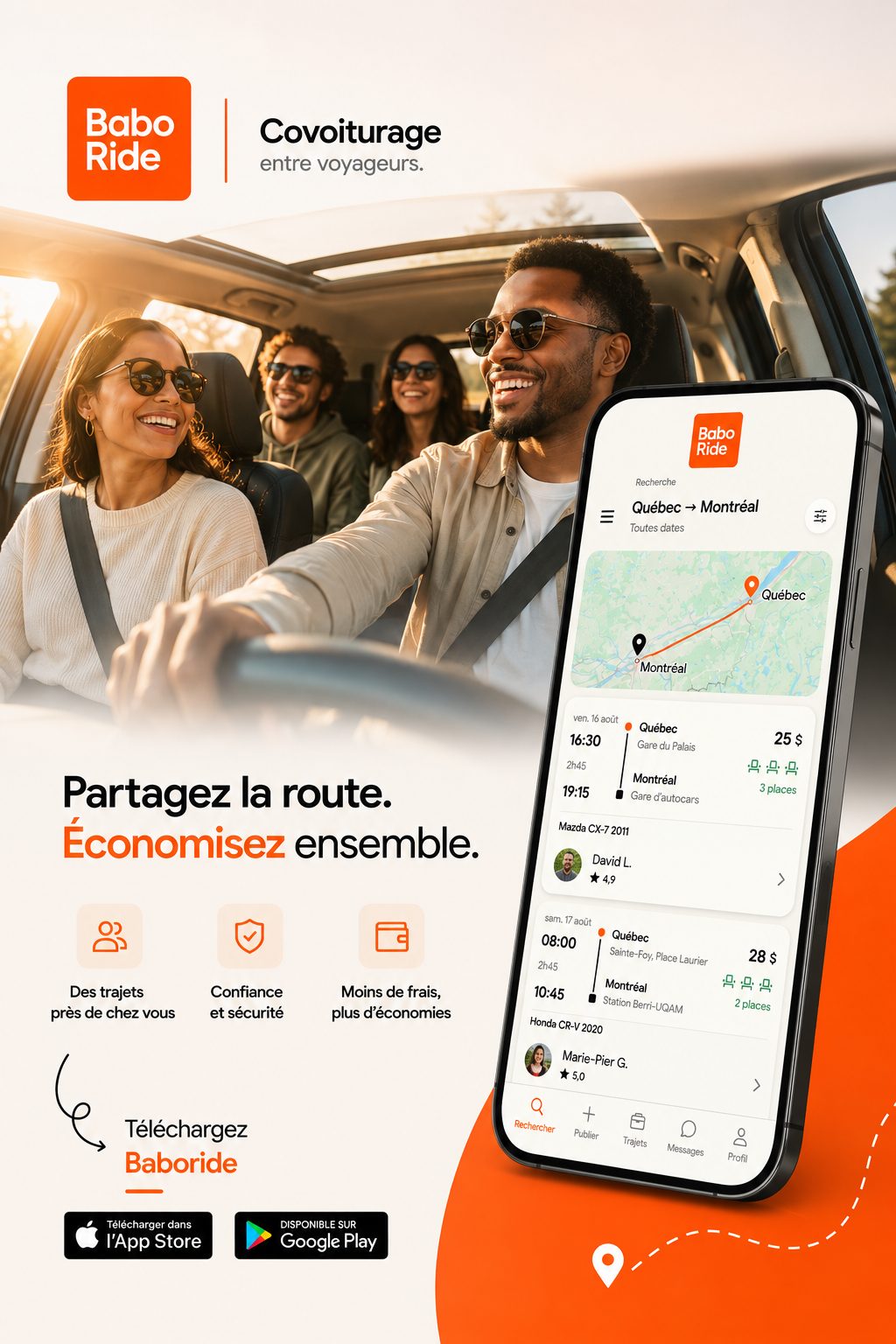 Quatre passagers souriant dans une voiture avec toit ouvrant, le conducteur au volant, et un téléphone affichant l'application Baboride avec trajet Québec-Montréal.